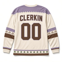 Load image into Gallery viewer, Clover Teacup St. Patrick's Day Hockey Jersey in Teacup Cream, back view with your name and number