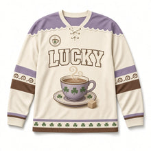 Load image into Gallery viewer, Clover Teacup St. Patrick's Day Hockey Jersey in Teacup Cream, front view – custom name and number