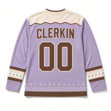 Load image into Gallery viewer, Clover Teacup St. Patrick's Day Hockey Jersey in Teacup Lavender, back view with your name and number