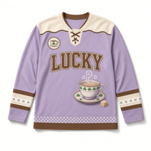 Load image into Gallery viewer, Clover Teacup St. Patrick's Day Hockey Jersey in Teacup Lavender, front view – custom name and number