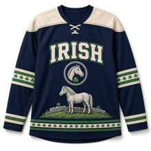 Load image into Gallery viewer, Connemara Pony St. Patrick's Day Hockey Jersey in Pony Dusk Navy, front view – custom name and number