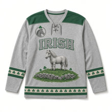 Load image into Gallery viewer, Connemara Pony St. Patrick's Day Hockey Jersey in Pony Heather Grey, front view – custom name and number