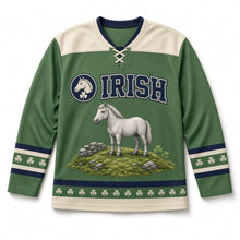 Load image into Gallery viewer, Connemara Pony St. Patrick's Day Hockey Jersey in Pony Meadow Green, front view – custom name and number
