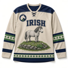 Load image into Gallery viewer, Connemara Pony St. Patrick's Day Hockey Jersey in Pony Oatmeal, front view – custom name and number