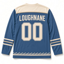 Load image into Gallery viewer, Currach Rowing Boat St. Patrick's Day Hockey Jersey in Currach Atlantic Blue, back view with your name and number