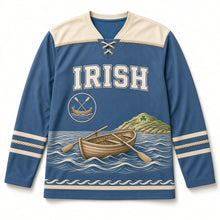 Load image into Gallery viewer, Currach Rowing Boat St. Patrick's Day Hockey Jersey in Currach Atlantic Blue, front view – custom name and number