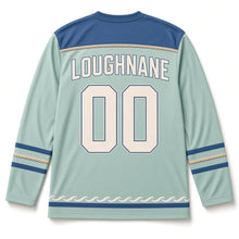 Load image into Gallery viewer, Currach Rowing Boat St. Patrick's Day Hockey Jersey in Currach Sea Foam, back view with your name and number