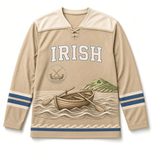 Load image into Gallery viewer, Currach Rowing Boat St. Patrick's Day Hockey Jersey in Currach Rope Tan, front view – custom name and number