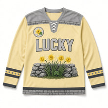 Load image into Gallery viewer, Daffodil Lane St. Patrick's Day Hockey Jersey in Daffodil Butter Yellow, front view – custom name and number