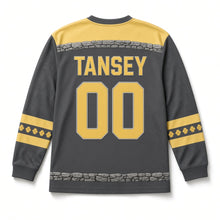 Load image into Gallery viewer, Daffodil Lane St. Patrick's Day Hockey Jersey in Daffodil Charcoal, back view with your name and number