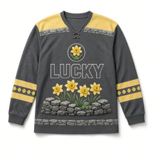 Load image into Gallery viewer, Daffodil Lane St. Patrick's Day Hockey Jersey in Daffodil Charcoal, front view – custom name and number