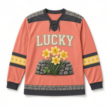 Load image into Gallery viewer, Daffodil Lane St. Patrick's Day Hockey Jersey in Daffodil Coral, front view – custom name and number