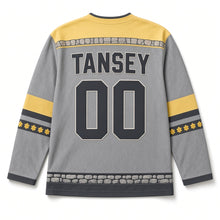Load image into Gallery viewer, Daffodil Lane St. Patrick's Day Hockey Jersey in Daffodil Stone Grey, back view with your name and number