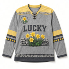 Load image into Gallery viewer, Daffodil Lane St. Patrick's Day Hockey Jersey in Daffodil Stone Grey, front view – custom name and number