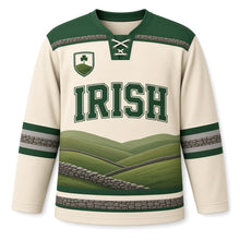 Load image into Gallery viewer, Emerald Hills St. Patrick's Day Hockey Jersey in Hills Stone Cream, front view – custom name and number