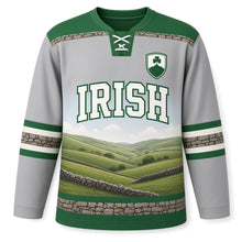 Load image into Gallery viewer, Emerald Hills St. Patrick's Day Hockey Jersey in Hills Mist Grey, front view – custom name and number
