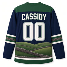 Load image into Gallery viewer, Emerald Hills St. Patrick's Day Hockey Jersey in Hills Twilight Navy, back view with your name and number