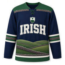 Load image into Gallery viewer, Emerald Hills St. Patrick's Day Hockey Jersey in Hills Twilight Navy, front view – custom name and number