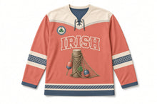 Load image into Gallery viewer, Fishing Nets and Buoys St. Patrick's Day Hockey Jersey in Nets Buoy Coral, front view – custom name and number