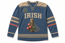 Load image into Gallery viewer, Fishing Nets and Buoys St. Patrick's Day Hockey Jersey in Nets Sea Slate, front view – custom name and number