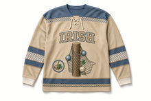 Load image into Gallery viewer, Fishing Nets and Buoys St. Patrick's Day Hockey Jersey in Nets Rope Tan, front view – custom name and number