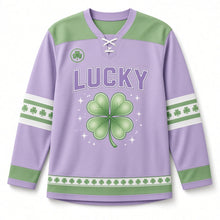 Load image into Gallery viewer, Four-Leaf Clover St. Patrick's Day Hockey Jersey in Clover Lavender, front view – custom name and number