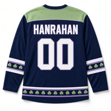 Load image into Gallery viewer, Four-Leaf Clover St. Patrick's Day Hockey Jersey in Clover Navy, back view with your name and number