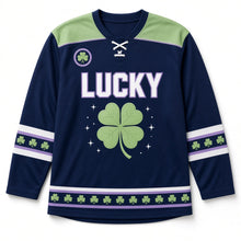 Load image into Gallery viewer, Four-Leaf Clover St. Patrick's Day Hockey Jersey in Clover Navy, front view – custom name and number