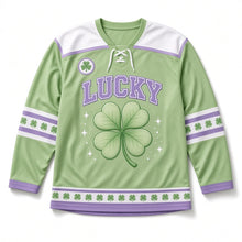Load image into Gallery viewer, Four-Leaf Clover St. Patrick's Day Hockey Jersey in Clover Spring Green, front view – custom name and number