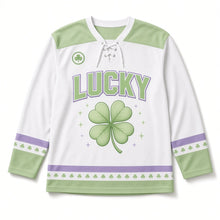 Load image into Gallery viewer, Four-Leaf Clover St. Patrick's Day Hockey Jersey in Clover White, front view – custom name and number