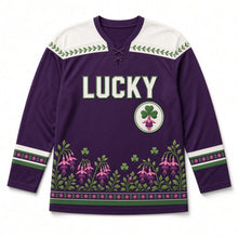 Load image into Gallery viewer, Fuchsia Hedgerow St. Patrick's Day Hockey Jersey in Fuchsia Plum, front view – custom name and number