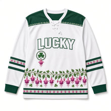 Load image into Gallery viewer, Fuchsia Hedgerow St. Patrick's Day Hockey Jersey in Fuchsia White, front view – custom name and number