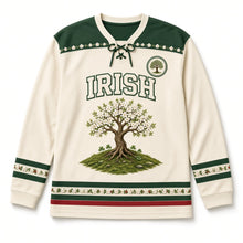 Load image into Gallery viewer, Hawthorn Fairy Tree St. Patrick's Day Hockey Jersey in Hawthorn Cream, front view – custom name and number