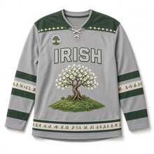 Load image into Gallery viewer, Hawthorn Fairy Tree St. Patrick's Day Hockey Jersey in Hawthorn Dove Grey, front view – custom name and number