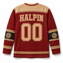 Load image into Gallery viewer, Hay Meadow Bales St. Patrick's Day Hockey Jersey in Hay Brick Red, back view with your name and number