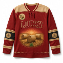 Load image into Gallery viewer, Hay Meadow Bales St. Patrick's Day Hockey Jersey in Hay Brick Red, front view – custom name and number