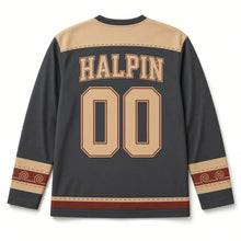 Load image into Gallery viewer, Hay Meadow Bales St. Patrick's Day Hockey Jersey in Hay Charcoal, back view with your name and number