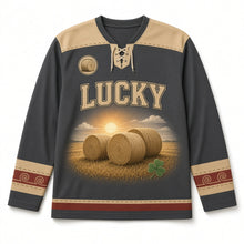 Load image into Gallery viewer, Hay Meadow Bales St. Patrick's Day Hockey Jersey in Hay Charcoal, front view – custom name and number