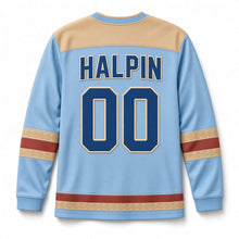 Load image into Gallery viewer, Hay Meadow Bales St. Patrick's Day Hockey Jersey in Hay Sky Blue, back view with your name and number