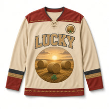 Load image into Gallery viewer, Hay Meadow Bales St. Patrick's Day Hockey Jersey in Hay Straw, front view – custom name and number
