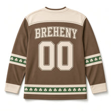 Load image into Gallery viewer, Hedgehog in Clover St. Patrick's Day Hockey Jersey in Hedgehog Acorn Brown, back view with your name and number
