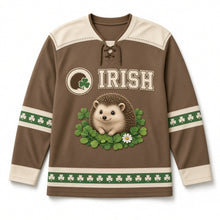 Load image into Gallery viewer, Hedgehog in Clover St. Patrick's Day Hockey Jersey in Hedgehog Acorn Brown, front view – custom name and number