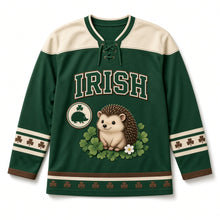 Load image into Gallery viewer, Hedgehog in Clover St. Patrick's Day Hockey Jersey in Hedgehog Clover Green, front view – custom name and number