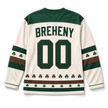 Load image into Gallery viewer, Hedgehog in Clover St. Patrick's Day Hockey Jersey in Hedgehog Cream, back view with your name and number