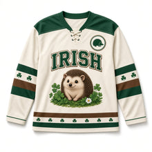 Load image into Gallery viewer, Hedgehog in Clover St. Patrick's Day Hockey Jersey in Hedgehog Cream, front view – custom name and number