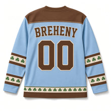 Load image into Gallery viewer, Hedgehog in Clover St. Patrick's Day Hockey Jersey in Hedgehog Sky Blue, back view with your name and number