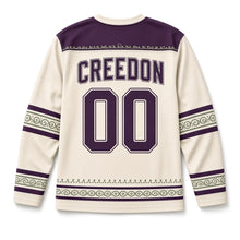 Load image into Gallery viewer, Illuminated Shamrock Border St. Patrick's Day Hockey Jersey in Illuminated Parchment, back view with your name and number