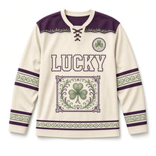 Load image into Gallery viewer, Illuminated Shamrock Border St. Patrick's Day Hockey Jersey in Illuminated Parchment, front view – custom name and number