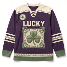 Load image into Gallery viewer, Illuminated Shamrock Border St. Patrick's Day Hockey Jersey in Illuminated Plum, front view – custom name and number