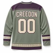 Load image into Gallery viewer, Illuminated Shamrock Border St. Patrick's Day Hockey Jersey in Illuminated Sage, back view with your name and number